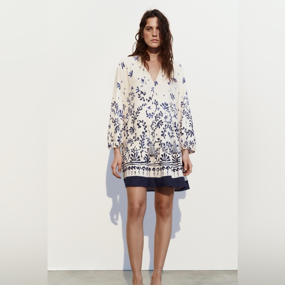 Zara Cream and Blue Long Sleeve Dress with Floral Design